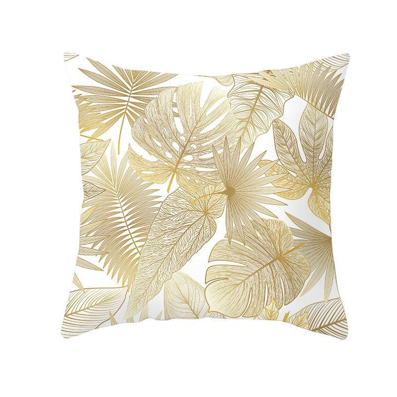 Tropical Leaf Throw Pillow Cover | Green & Gold Botanical Decorative Cushion Cover for Sofa, Couch & Bedroom