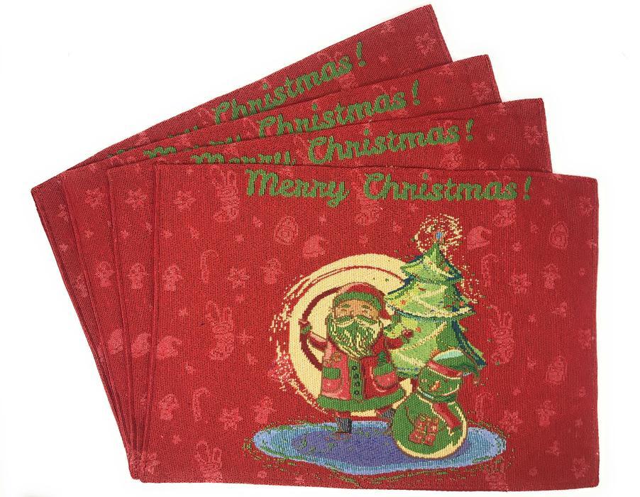 DaDa Bedding Set of 8 Pieces Red Santa Claus Holiday Table Tapestry - 4 Placemats, 2 Table Runners, 2 Throw Pillow Covers (17615)