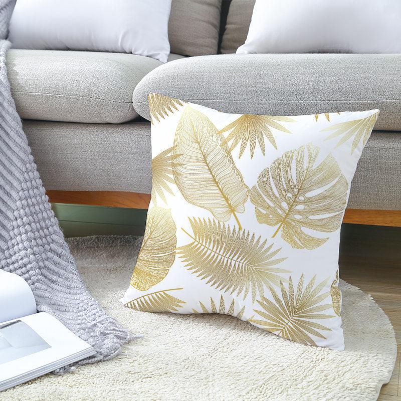 Tropical Leaf Throw Pillow Cover | Green & Gold Botanical Decorative Cushion Cover for Sofa, Couch & Bedroom