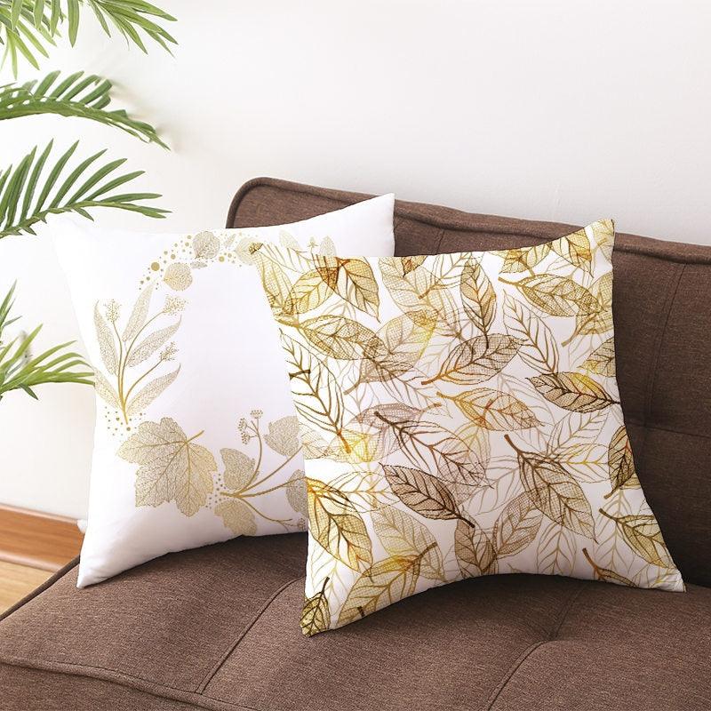 Tropical Leaf Throw Pillow Cover | Green & Gold Botanical Decorative Cushion Cover for Sofa, Couch & Bedroom